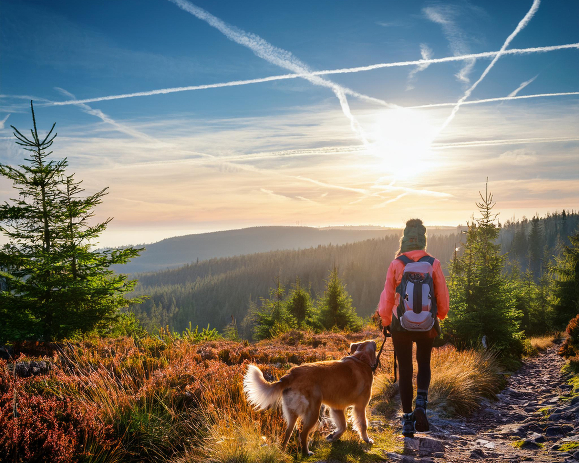 Herbst Harz Wandern Frau mit Hund Ausblick Herbst Harz Wandern Frau mit Hund Ausblick